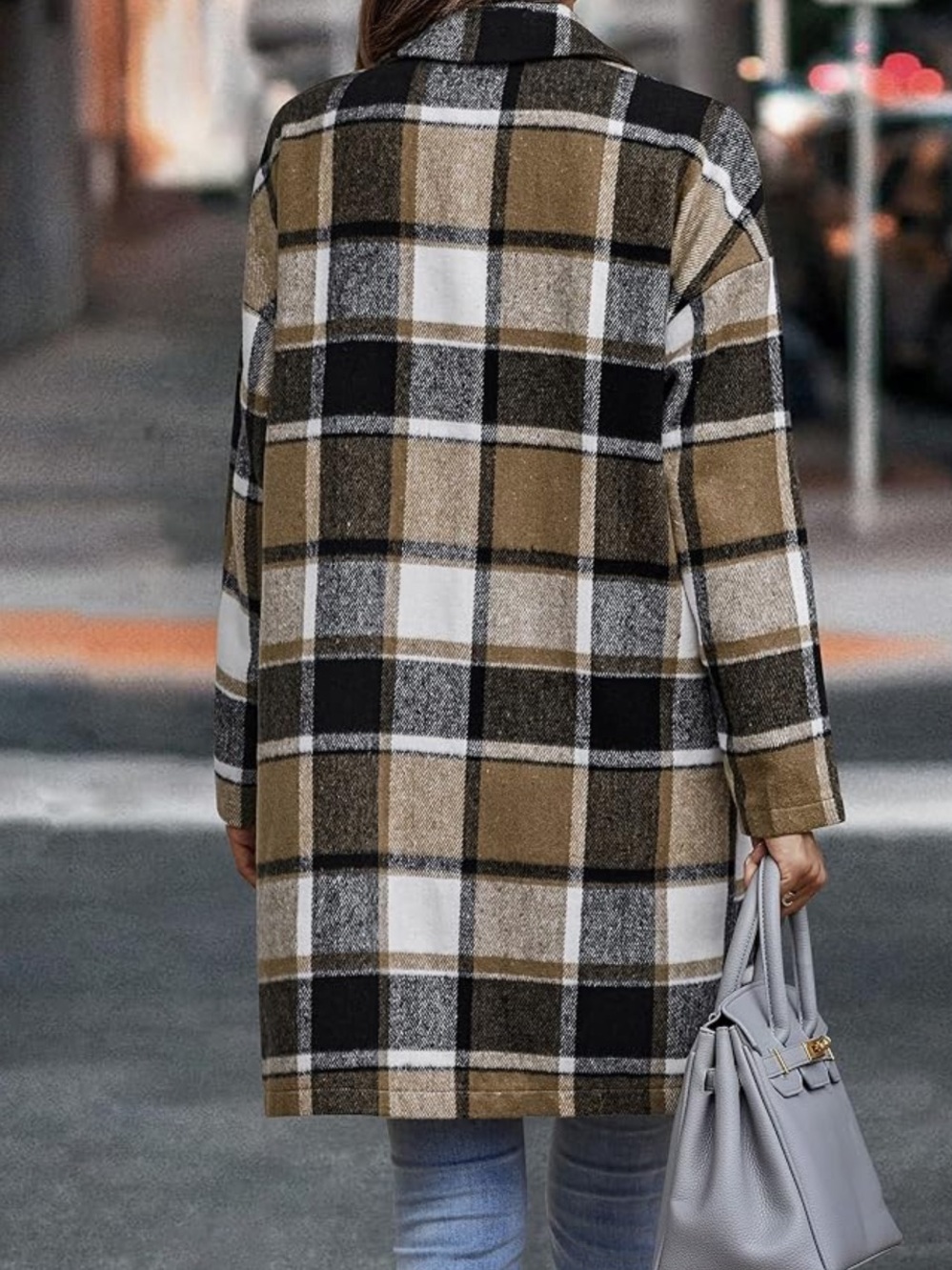 Plaid Long Coatigan in Khaki and Black